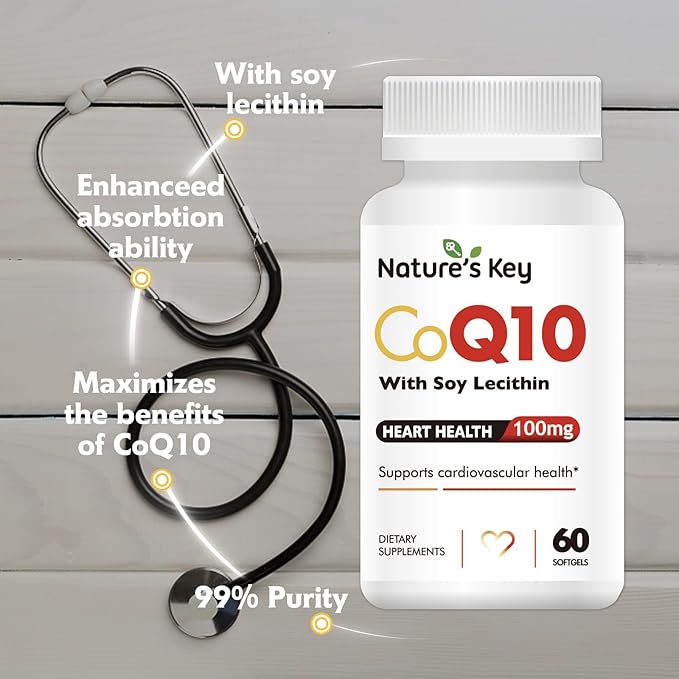 Nature's Key CoQ10 200mg Softgels 3X Better Q10 for 50mg Soy 1 Month Supply(60 Counts)