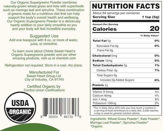 Cherie Sweet Heart Supergreens Powder - Green Superfood - Organic Greens Powder Super Greens - Smoothie Powder - Superfood Powder - Powdered Greens - 2.25LB Super Greens Powder - 204 Servings