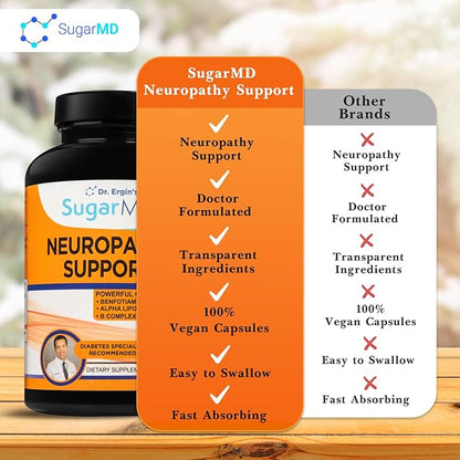 SugarMD Neuropathy Support Supplement – 180 Nerve Supplement Capsules with Alpha Lipoic Acid, Benfotiamine & Vitamin D3 B6 B12 - Nerve Support Supplement for Feet Hands Fingers & Legs - 90 Day Supply