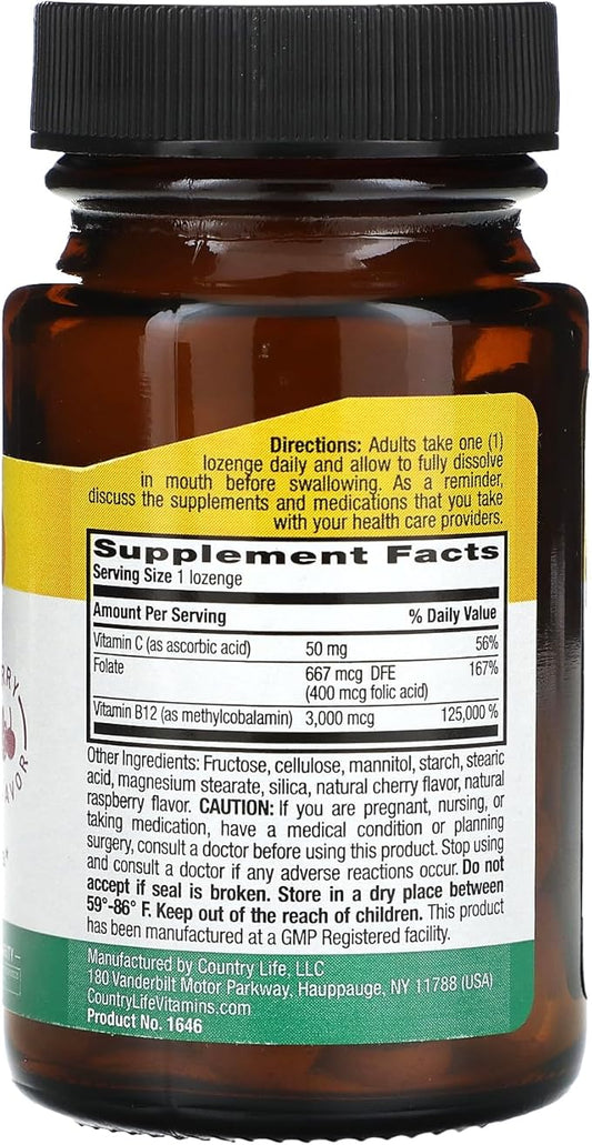 Country Life - Superior B-12, Berry Flavored, 3000 mcg - 50 Sublingual Lozenges