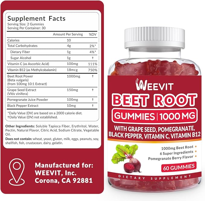 Beet Gummies 1000mg with Grape Seed, Pomegranate, Black Pepper, Vitamin C, B12 | Nitric Oxide Booster for Men Women, Organic Beet Root Gummies