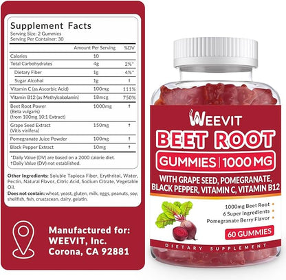 Beet Gummies 1000mg with Grape Seed, Pomegranate, Black Pepper, Vitamin C, B12 | Nitric Oxide Booster for Men Women, Organic Beet Root Gummies