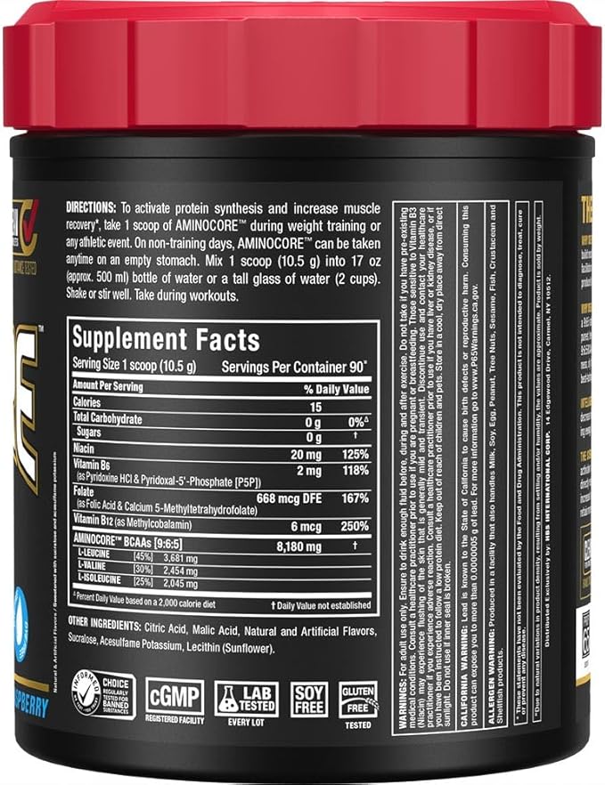 ALLMAX AMINOCORE BCAA, Blue Raspberry - 945 g Powder - 8.18 Grams of BCAAs Per Serving - with B Vitamins - No Fillers or Non-BCAA Aminos - Sugar Free - 90 Servings