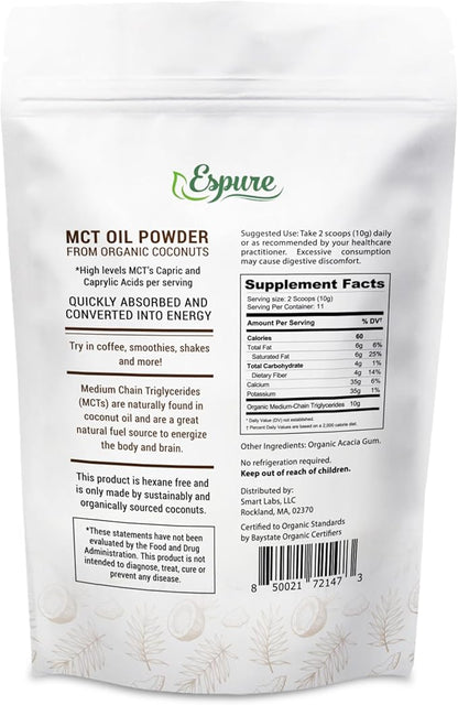 Organic MCT Powder - USDA Certiifed Organic; with Prebiotic Acacia Fiber; 4 oz