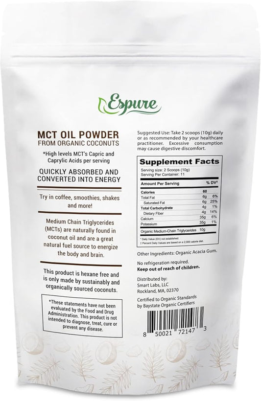Organic MCT Powder - USDA Certiifed Organic; with Prebiotic Acacia Fiber; 4 oz