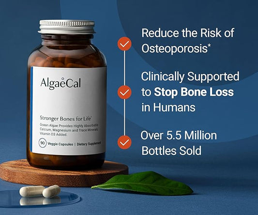 ALGAECAL - Plant Based Calcium Supplement with 13 Bone Supporting Minerals + Vitamin D3 (1000 IU) clinically Shown to Stop Bone Loss. Organic Calcium (750 mg), 90 Veggie Caps