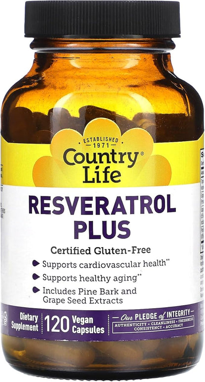 Country Life Resveratrol Plus 1000mg - Organic Antioxidant Supplement with Pine Bark & Grape Seed Extracts - Vegan, Gluten-Free, Non-GMO
