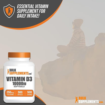 BulkSupplements.com Vitamin D3 10000IU Softgels - Cholecalciferol, D3 Supplement, Vitamin D 10000 IU - 1 Vitamin D3 Softgel (250mcg of Vitamin D) per Serving - 500-Day Supply, 500 Softgels