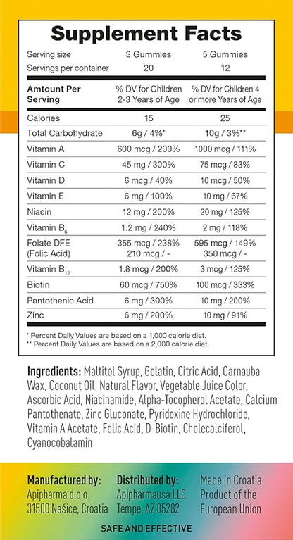 Children's Multivitamin Gummies - Immunity Supporting Kids Vitamins with A, B, C, D, E, Biotin, Pantothenic Acid and Zinc - Sugar-Free & Natural Colors Kids Vitamin Gummies (60 Gummies)