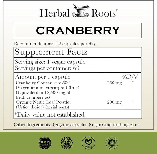 Herbal Roots Extra Strength Cranberry Pills for Women & Men with Organic Nettle | Urinary Tract Health | 60 Vegan Capsules
