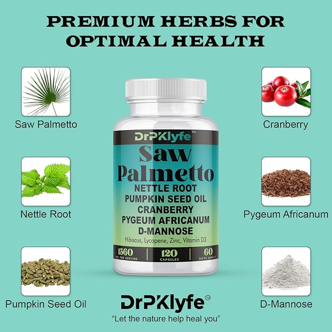 Internist Recommended, 30 yrs Exp. : Saw Palmetto, Nettle Root, Pumpkin Seed Oil, Cranberry, Pygeum Africanum,D-Mannose, Hibiscus,Lycopne: 1560 mg:Bladder, Prostate & Hair Health.