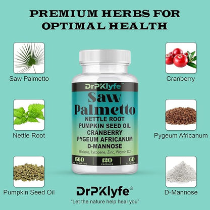 Internist Recommended, 30 yrs Exp. : Saw Palmetto, Nettle Root, Pumpkin Seed Oil, Cranberry, Pygeum Africanum,D-Mannose, Hibiscus,Lycopne: 1560 mg:Bladder, Prostate & Hair Health.