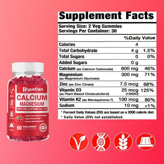 2 Pack Calcium Magnesium Zinc Gummies D3 Supplement, 120 Count