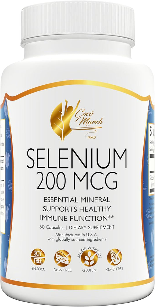 Coco March Selenium - Essential Mineral for Thyroid Health -200 mcg- 3 Month Supply -Gluten Free, Soy Free, Dairy Free, GMO Free, Vegan - 90 Capsules