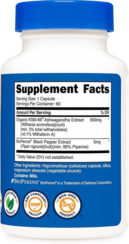 Nutricost KSM-66 Ashwagandha Root Extract 600mg, 60 Veggie Caps (2 Bottles) - 5% Withanolides - with BioPerine
