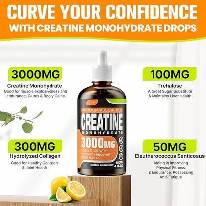 Creatine Monohydrate 3000mg, Creatine for Muscle Mass, Strength, Endurance - Creatine for Women and Men with Hydrolyzed Collagen & Trehalose, 8 Packs(Lemon Flavor)