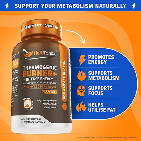 Herbtonics Thermogenic Burner + Apple Cider Vinegar – Weight Management Supplement for Women & Men, Supports Appetite Management, Metabolism & Energy, 60 Vegetarian Capsules