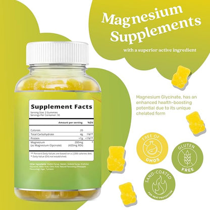 BeLive Magnesium Gummies 200mg - 60 Ct | Magnesium Glycinate Supplements for Relaxation, Stress Relief, and Sleep for Adults & Kids - Tasty and Tangy Pineapple Flavor
