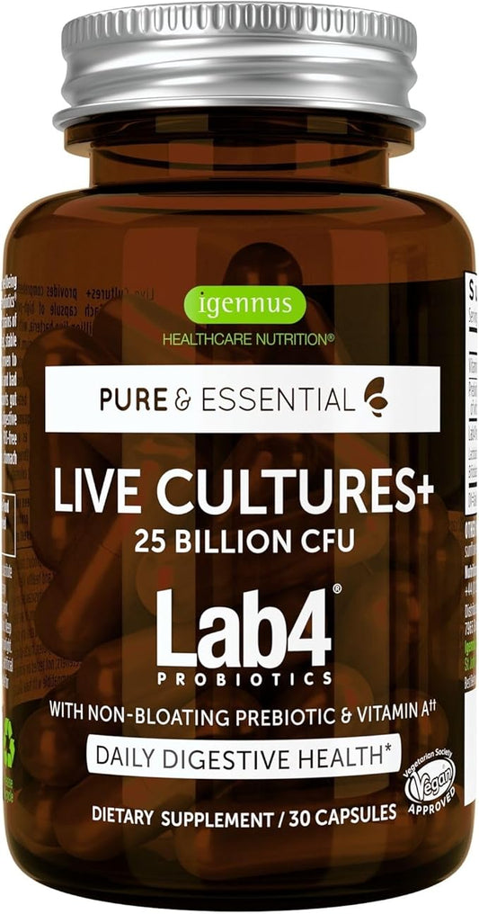 Live Cultures+ Lab4 Probiotics & Prebiotic, 25 Billion 30 Capsules,