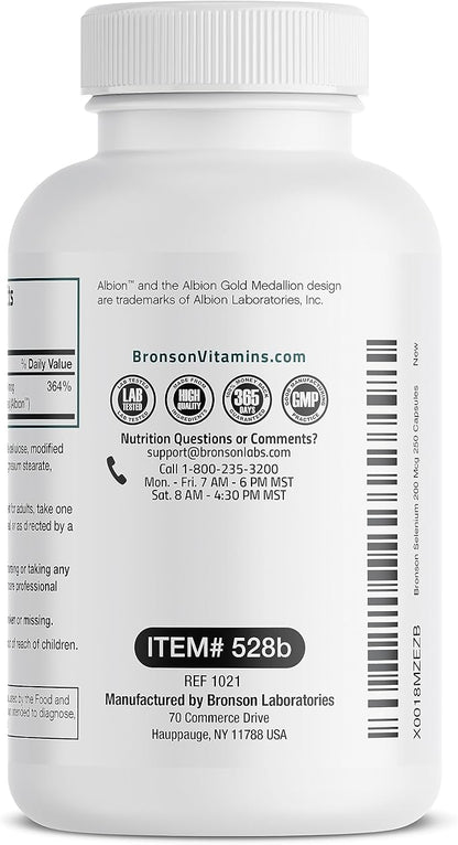 Bronson Selenium 200 mcg – Yeast Free Chelated Amino Acid Complex - Essential Trace Mineral with Superior Absorption, 250 Vegetarian Capsules