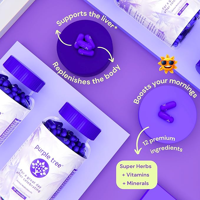 purple tree Post-Celebration Wellness | Liver Support, Body Replenisher, Rapid Hydration | Dihydromyricetin DHM, Milk Thistle, Electrolytes, Vitamin B, Willow Bark, Quercetin (90 Pills)