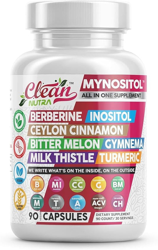 Clean Nutra Berberine Inositol Supplement with Ceylon Cinnamon, Bitter Melon, Gynema Sylvestre, Milk Thistle, Turmeric - 90 Vegan Vegetarian Capsules, Non-GMO, Gluten Free - Berberine for Women Men