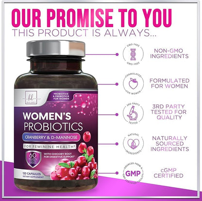 Probiotics for Women 60 Billion CFU, 16 Strains for pH Balance, Vaginal & Digestive Support, Womens Probiotic and Prebiotic + Cranberry for Gut, Urinary & Immune Support, Shelf Stable - 120 Capsules