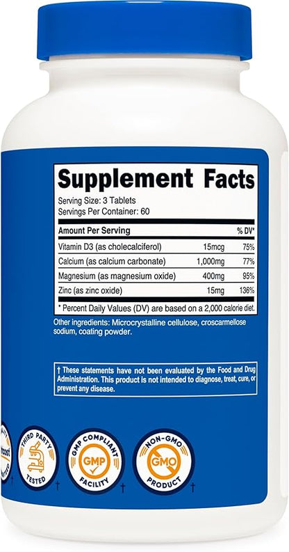 Nutricost Calcium, Magnesium & Zinc Tablets 1,415 mg, 180 Tablets 60 Servings