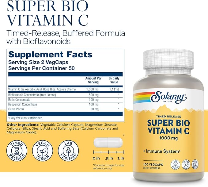 SOLARAY Super Bio Vitamin C 1000mg, 60 Day 50 Servings, 100 VegCaps