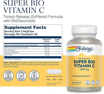 SOLARAY Super Bio Vitamin C 1000mg, 60 Day 50 Servings, 100 VegCaps