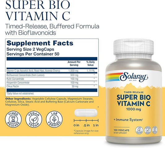 SOLARAY Super Bio Vitamin C 1000mg, 60 Day 50 Servings, 100 VegCaps