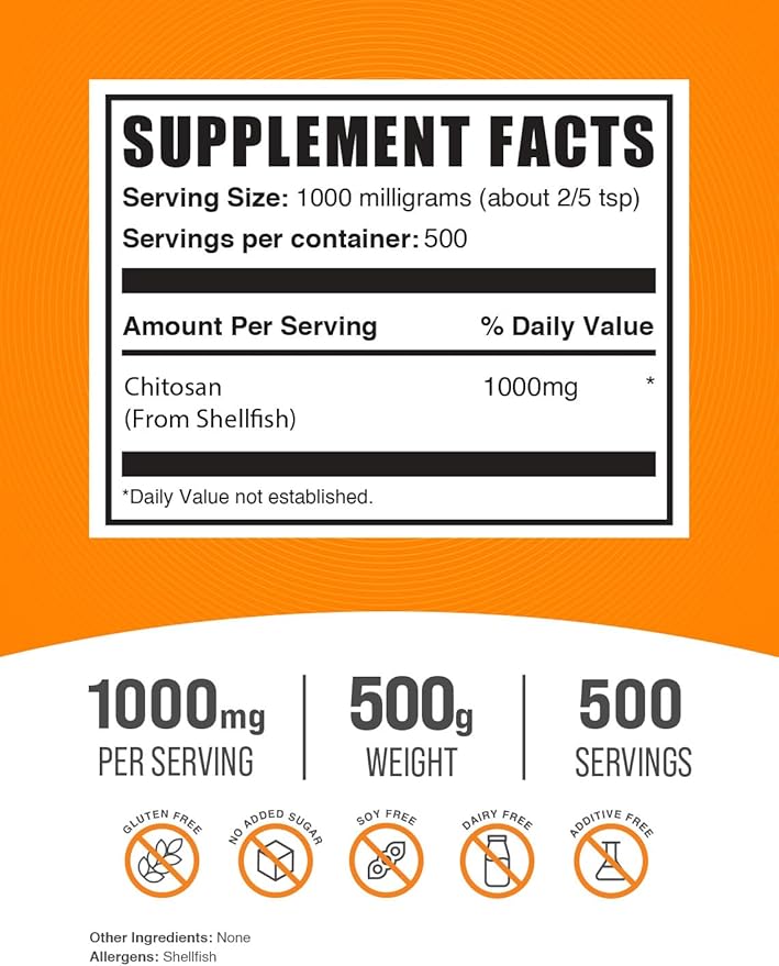 BulkSupplements.com Chitosan Powder 1000mg - 1000mg per 500 Servings (500 Grams 1.1 lbs)