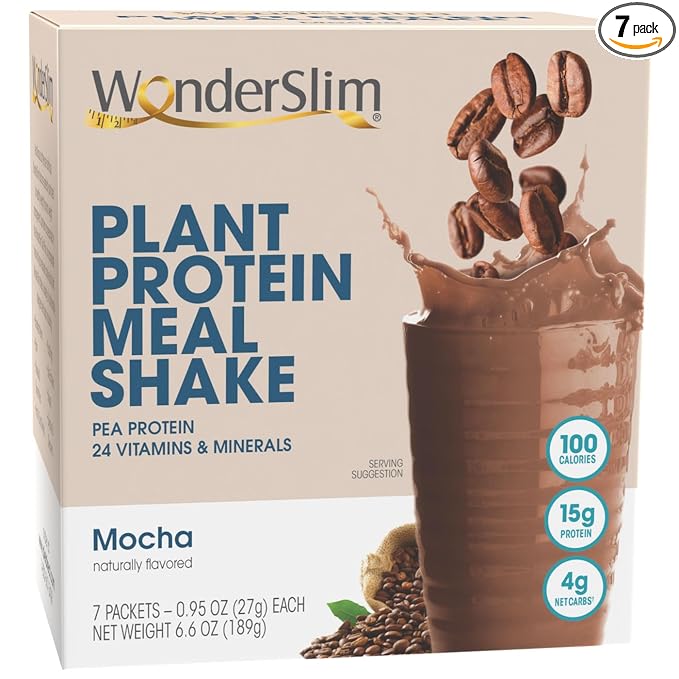 WonderSlim Plant Based Meal Replacement Shake, Mocha, 15g Protein, Keto Friendly & Low Carb, Low Sugar, Gluten, Soy, & Dairy Free (7ct)