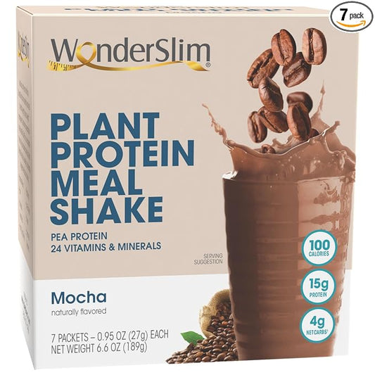 WonderSlim Plant Based Meal Replacement Shake, Mocha, 15g Protein, Keto Friendly & Low Carb, Low Sugar, Gluten, Soy, & Dairy Free (7ct)