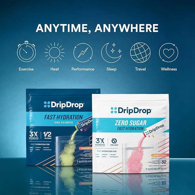 DripDrop Hydration - Sunburst Variety Pack - Electrolyte Drink Mix Single Serve Powder Packets - Lemon Lime, Strawberry, Peach, Black Cherry | Non-GMO, Gluten Free, Vegan | 32 Sticks