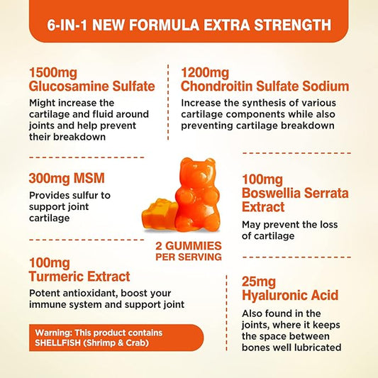 Glucosamine Chondroitin Gummies Sugar Free, Joint Support Gummies Supplements for Adults Men & Women, 1500mg Glucosamine Chewables with MSM Turmeric, 120 Count