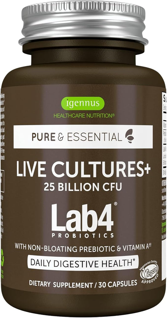 Igennus Probiotics & Prebiotic, Lactobacillus Acidophilus & Bifidobacterium, Live Cultures+ Lab4, Guaranteed 25 Billion CFU, for Women & Men, Non-Bloating Gut Health Support, Non-GMO, 30 Capsules