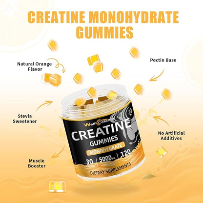 Creatine Monohydrate Gummies for Men Women - Vegan Creatine Supplement Gummies 5000mg Chewable for Muscle Strength Growth Recovery, Lab Tested Preworkout Gummies Sugar Free Orange Flavor 120ct
