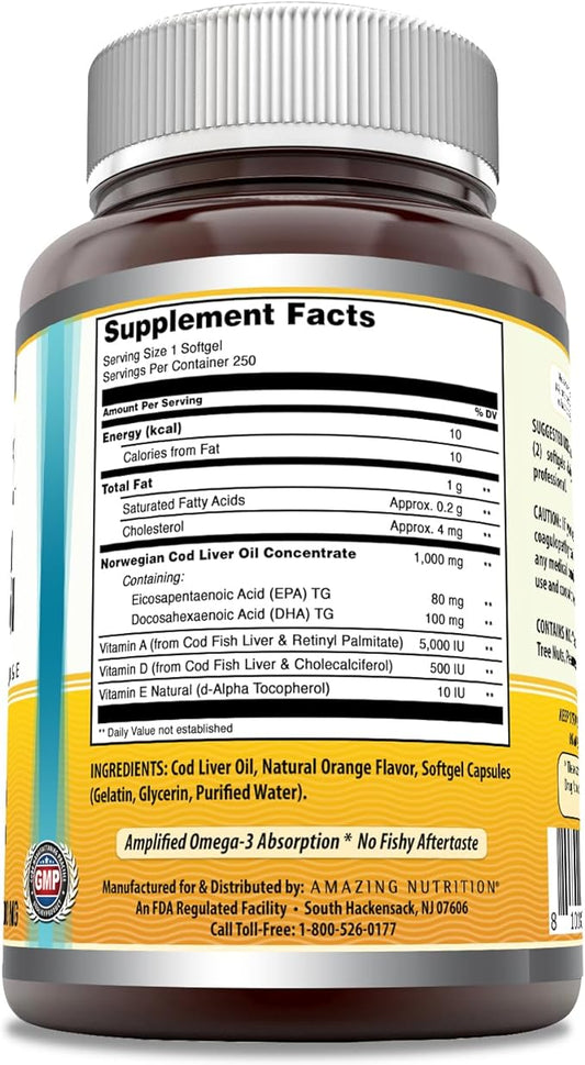 Amazing Omega Norwegian Cod Liver Oil 1000 Mg Omega-3, EPA, 250 Count)