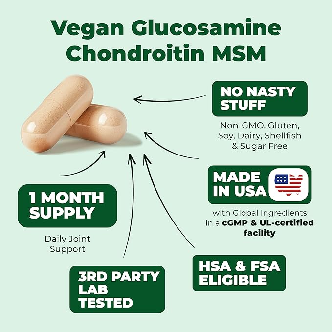 Vegan Glucosamine Chondroitin MSM 100% Vegan 1500 mg. 90 Capsules