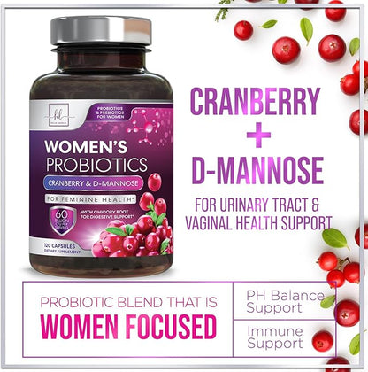 Probiotics for Women 60 Billion CFU, 16 Strains for pH Balance, Vaginal & Digestive Support, Womens Probiotic and Prebiotic + Cranberry for Gut, Urinary & Immune Support, Shelf Stable - 120 Capsules