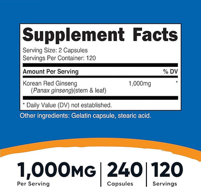 Nutricost Korean Ginseng 500mg, 240 Capsules (3 Bottles) 1000mg Extra