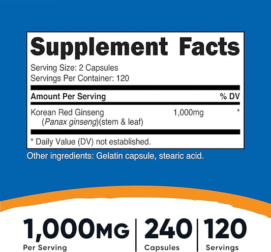 Nutricost Korean Ginseng 500mg, 240 Capsules (3 Bottles) 1000mg Extra