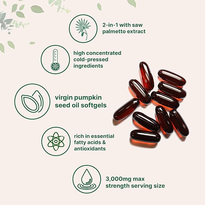 Pumpkin Seed Oil with Saw Palmetto, 3000mg Per Serving, 300 Softgels | Cold Pressed, Pure Virgin Oil, Essential Fatty Acids & Phytosterols | Supports Hair, Urinary, Bladder & Prostate Health | Non-GMO