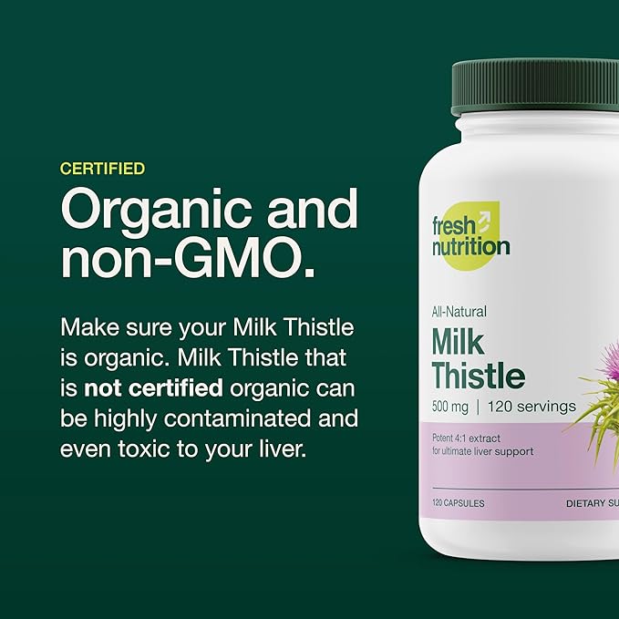 Fresh Nutrition Organic Milk Thistle Supplement 2000mg Potent 4 Month 4:1 - 120 Capsules