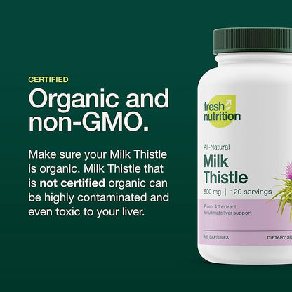 Fresh Nutrition Organic Milk Thistle Supplement 2000mg Potent 4 Month 4:1 - 120 Capsules