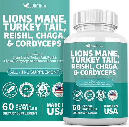 Lions Mane 3000mg Turkey Tail 3000mg 1000mg Chaga 1000mg Cordyceps 60 Capsules