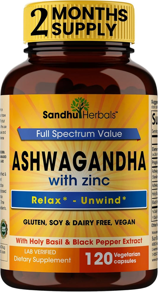 Sandhu Herbals Ashwagandha Supplement|120 Organic 4 1 Capsules, 2 months supply|8000mg with