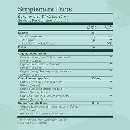 Four Sigmatic Organic Greens Powder | Greens Superfood Powder with Probiotics & Prebiotics | Super Greens with Moringa, Chaga & Turkey Tail | (4.94 oz.)