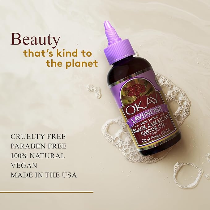 Okay Pure Naturals Black Jamaican Castor Oil - Castor Oil for Hair Growth, Moisture for Skin, Face, Scalp, Eyelashes, Eyebrows - Hair Oil for Men & Women - Lavender, 4 Oz